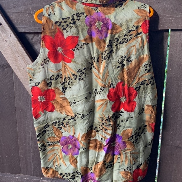 90s Vintage Leopard Tropical Floral Button Up Sleeveless Top Size Medium/Large - Picture 10 of 15